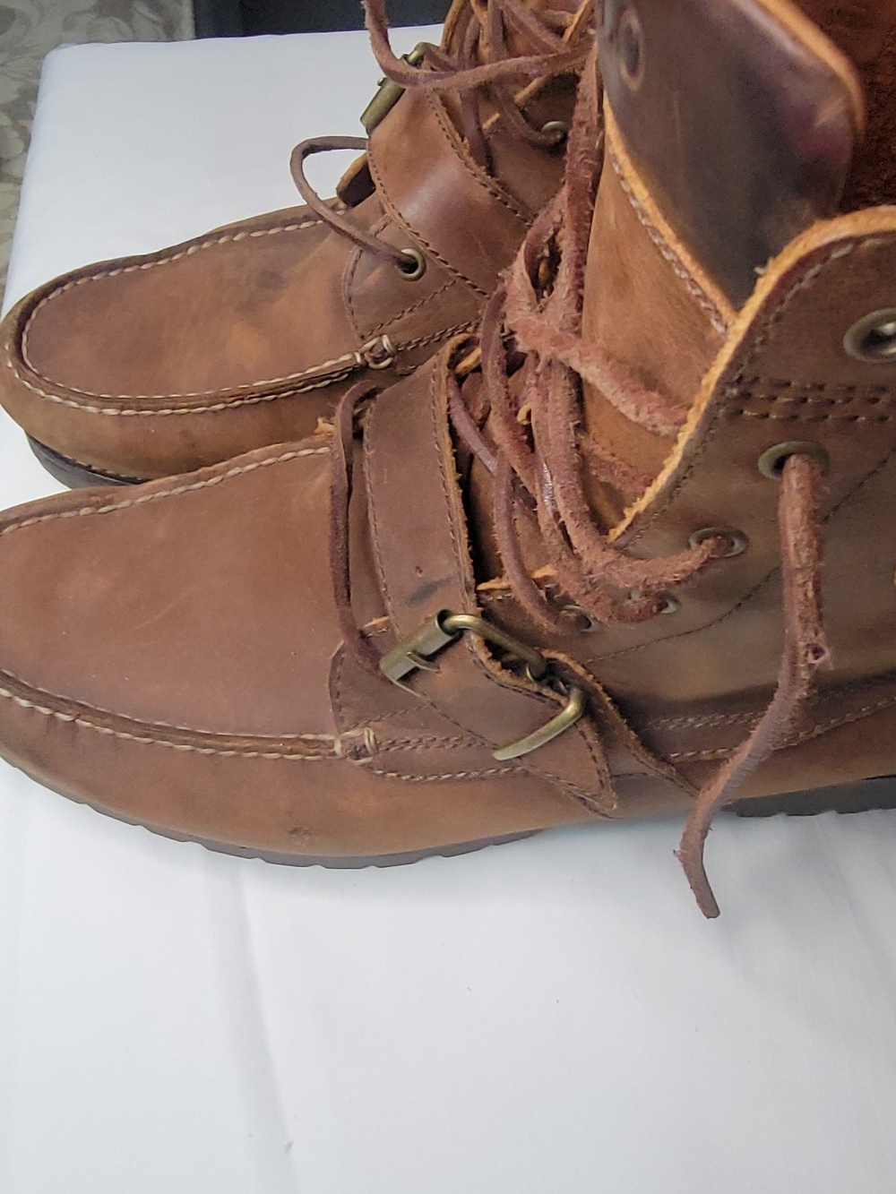 Ralph Lauren Brown Leather Moc-Toe Lace-Up Strap Boots